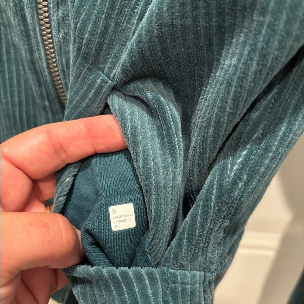 Lululemon Scuba Track Jacket Velvet Velour Cord Storm Teal Cotton Jersey sz8 - Picture 6 of 7